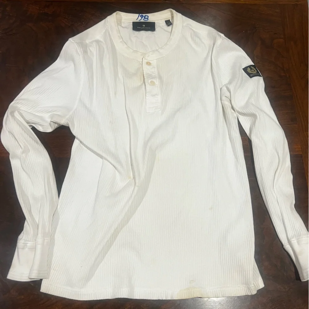 Belstaff imported White Ribbed Long Sleeve Henley Top Medium Shoulder emblem - Picture 3 of 8